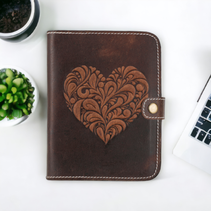 Heart of Elegance Refillable Leather Journal – Button Lock, Brown Edition (90 GSM, 320 Ruled Pages)